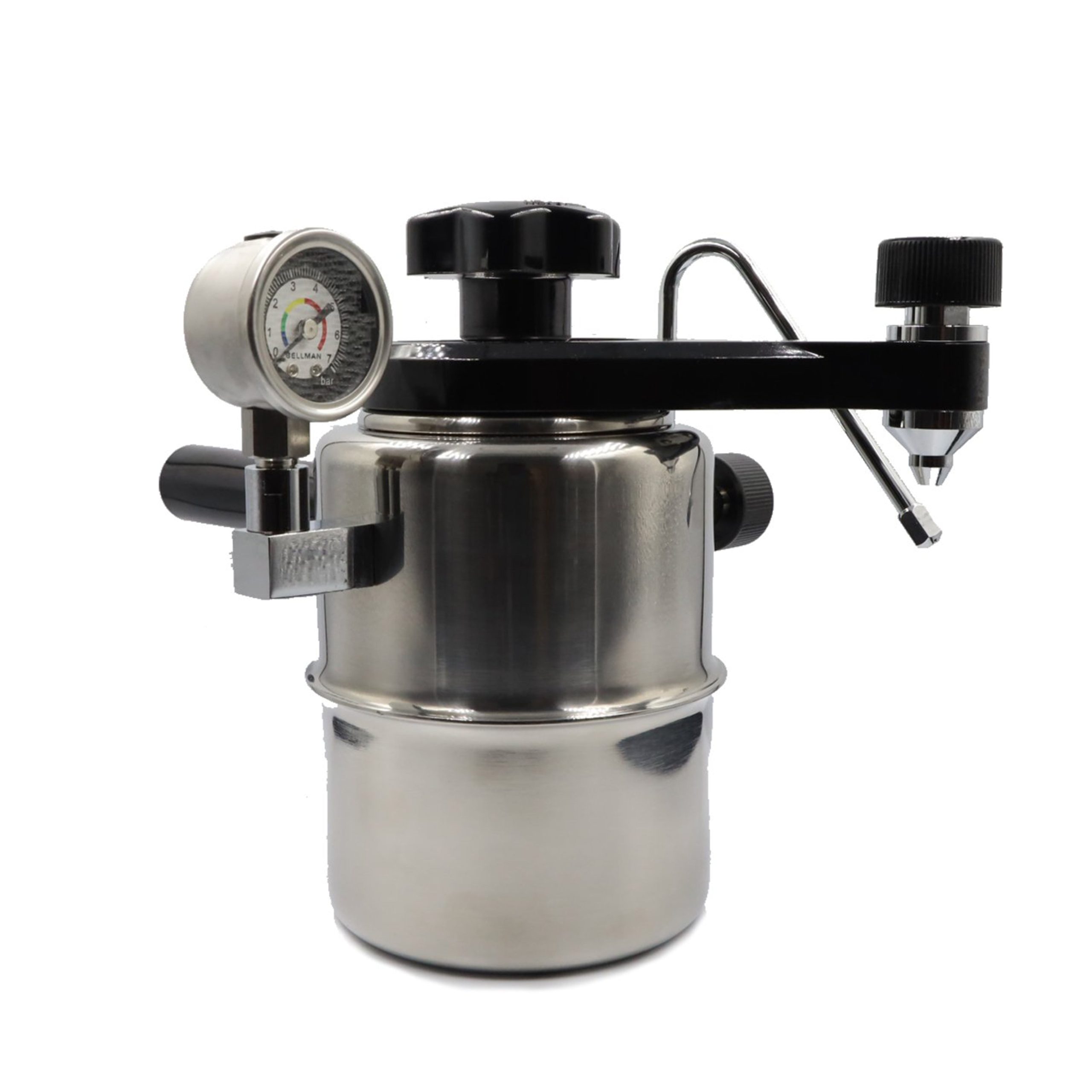 Bellman espresso maker with built-in pressure gauge on a stovetop