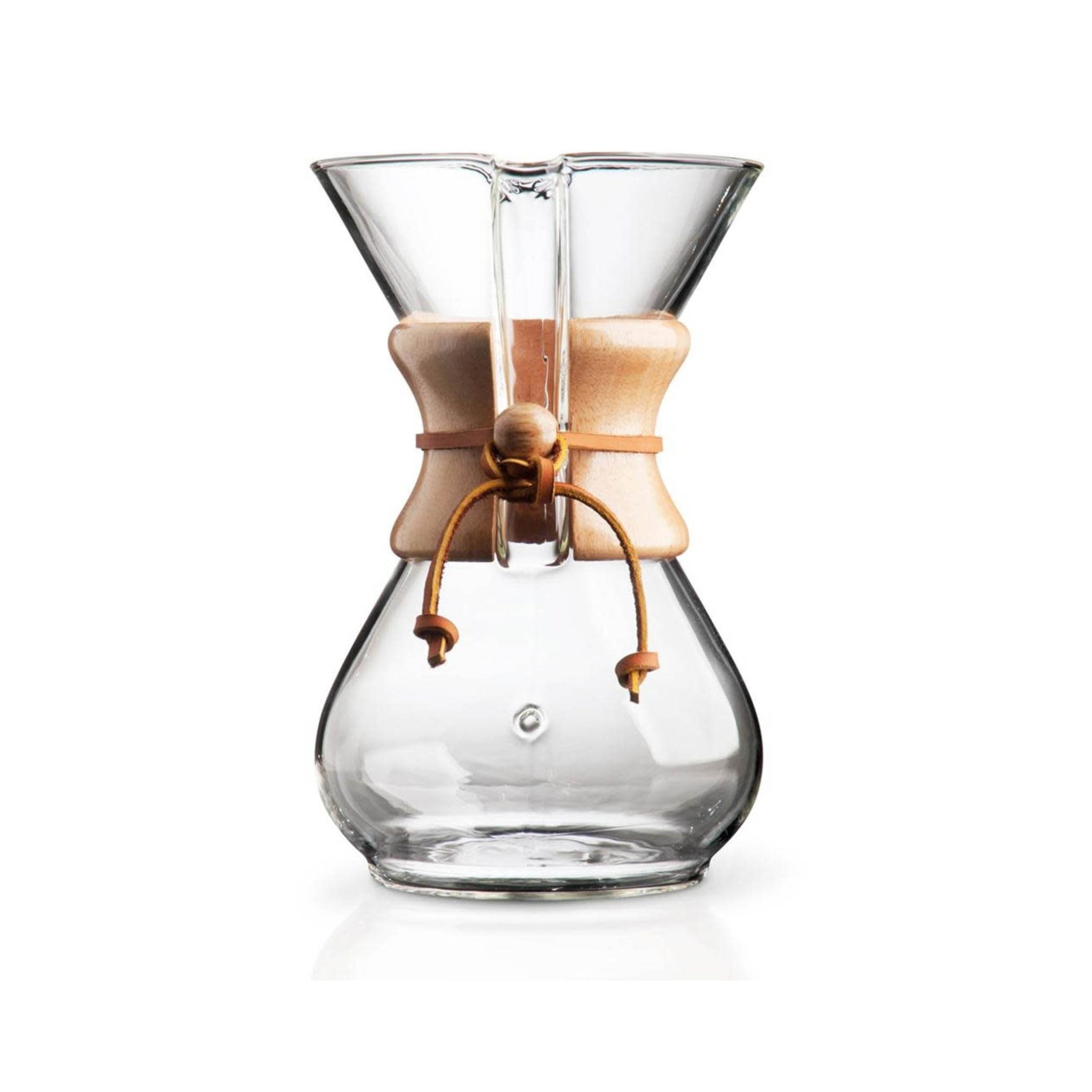 Chemex coffee maker with wooden collar on a wooden counter