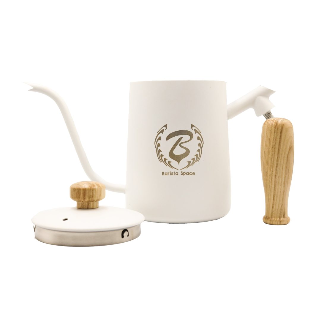 Barista Space gooseneck drip kettle with wooden handle for pour-over coffee