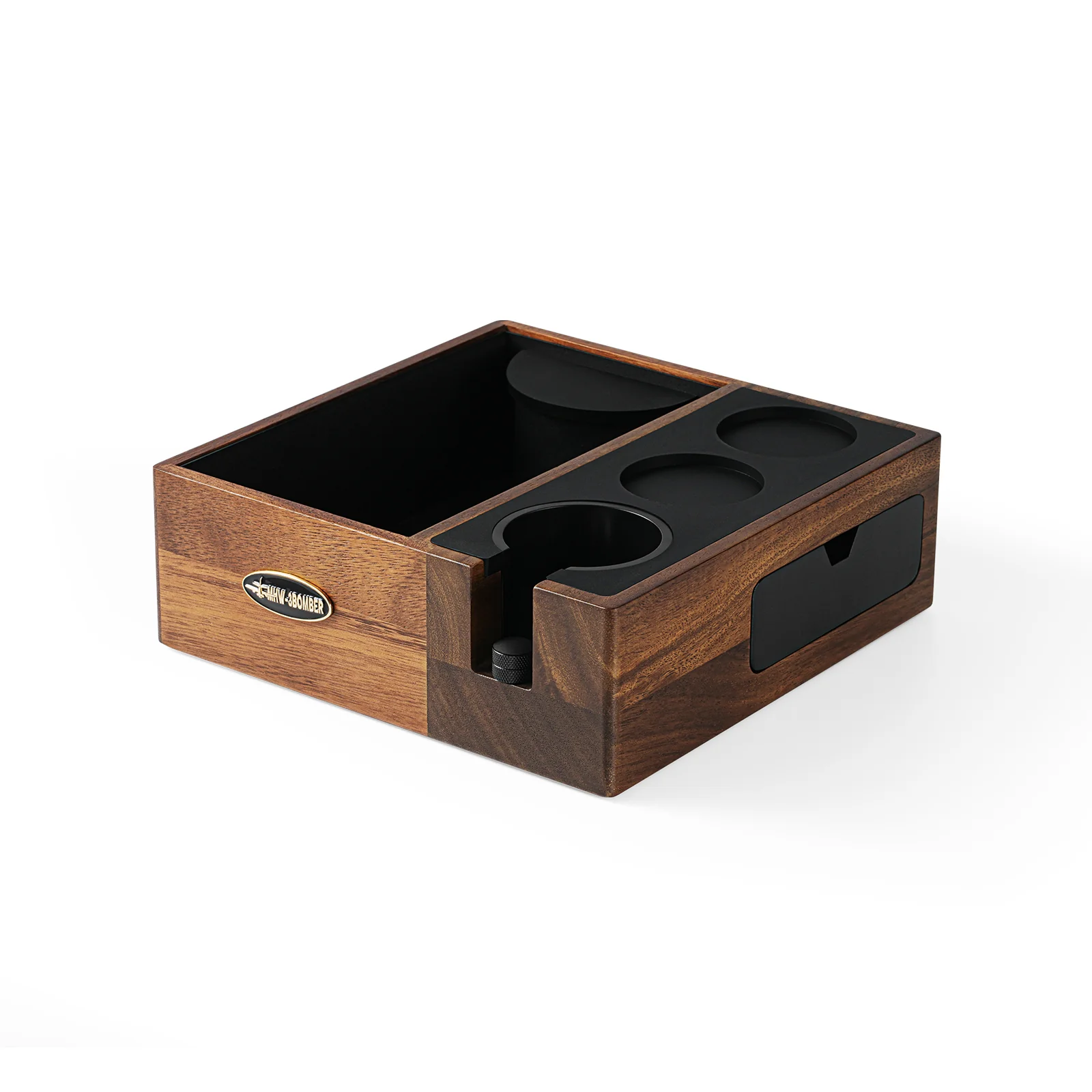 Walnut espresso knock box with portafilter holder and magnetic drawer