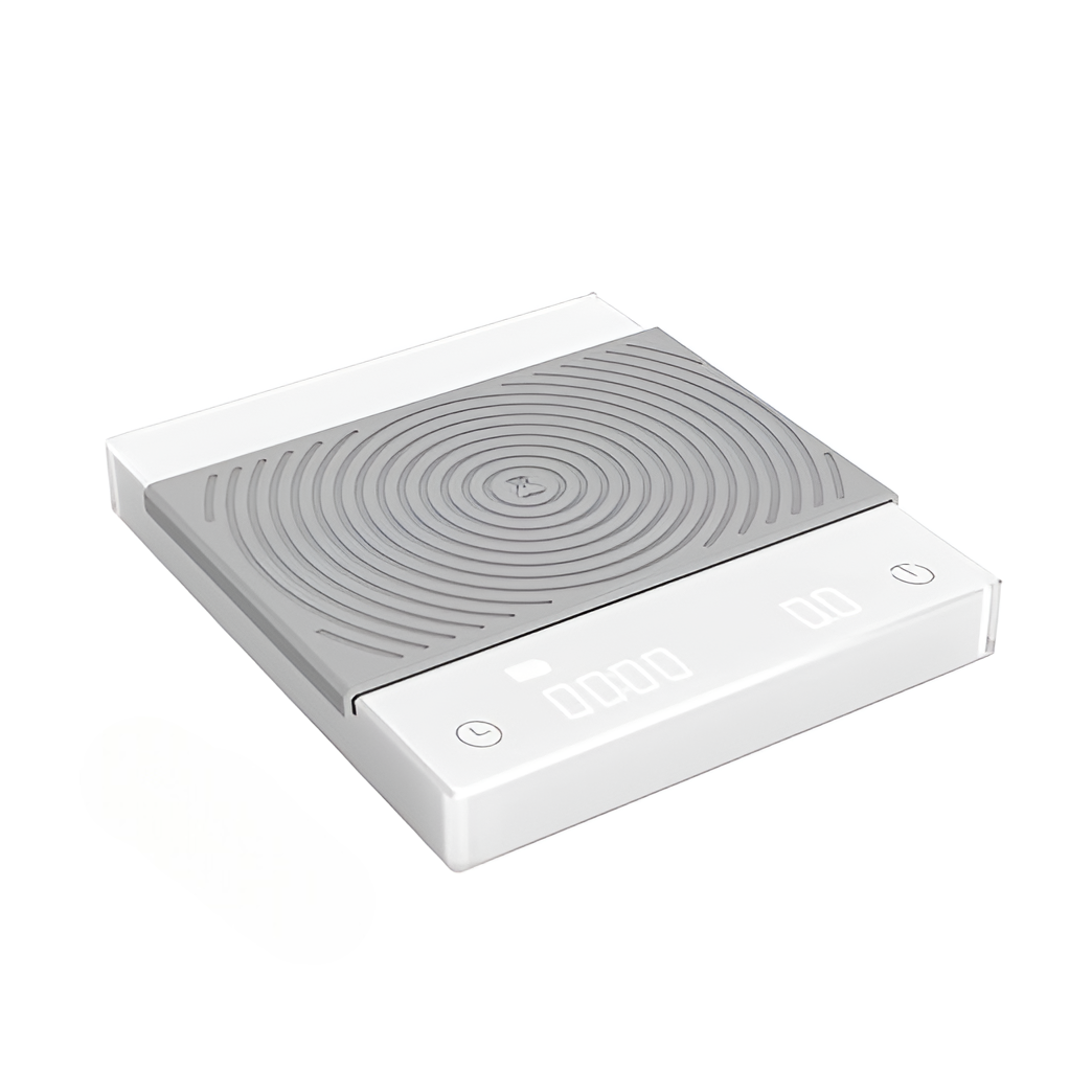 TIMEMORE MIRROR BASIC PLUS COFFEE SCALE- WHITE Timemore coffee scale Basic Plus in white on a brewing counter