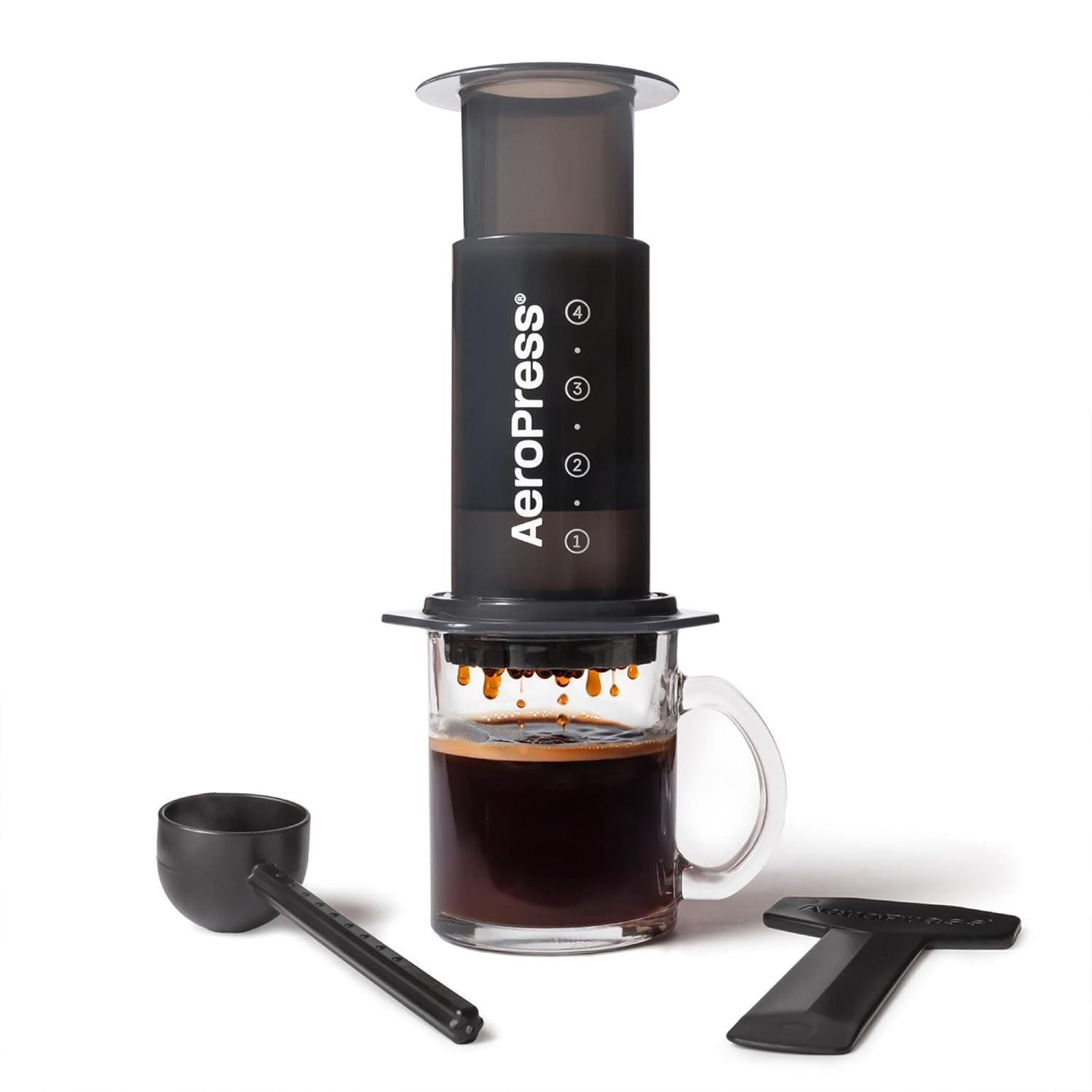 New Aeropress Coffee Maker AeroPress coffee maker plunger and chamber set on a countertop