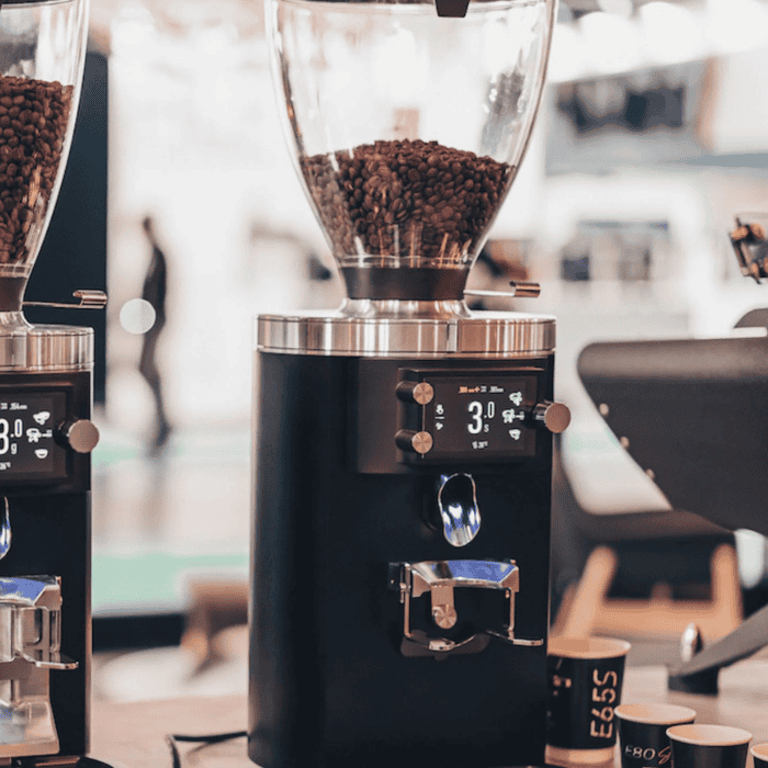 Mahlkönig E80S grinder with 80mm flat burrs and illuminated spout