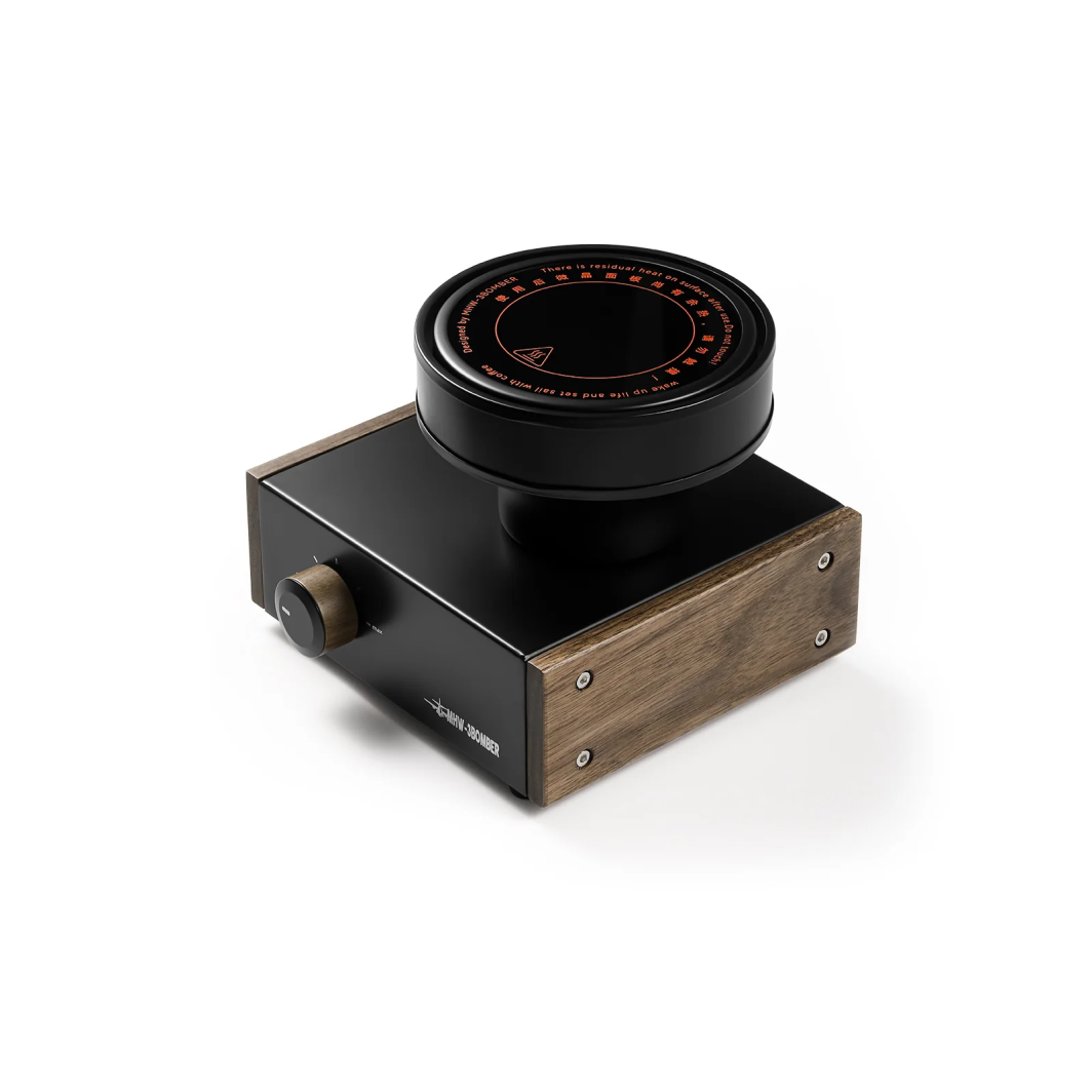 Halogen beam heater for siphon coffee on a wooden base