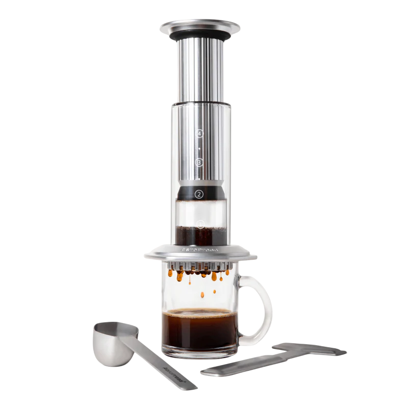AeroPress Premium Coffee Maker with double-wall glass chamber and stainless steel plunger