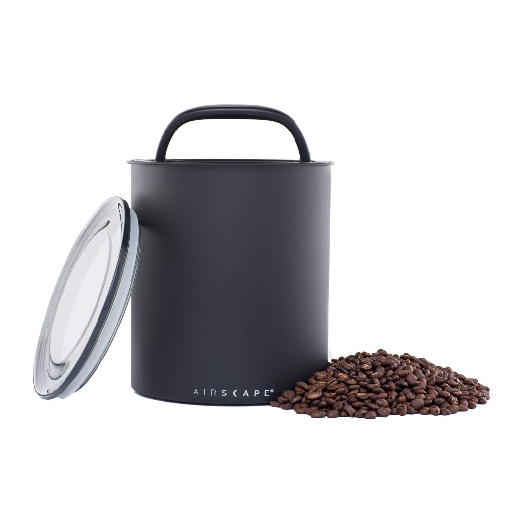 Airscape Kilo canister in matte black storing whole coffee beans
