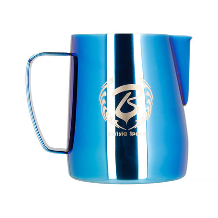 Barista milk pitcher in blue titanium finish by Barista Space