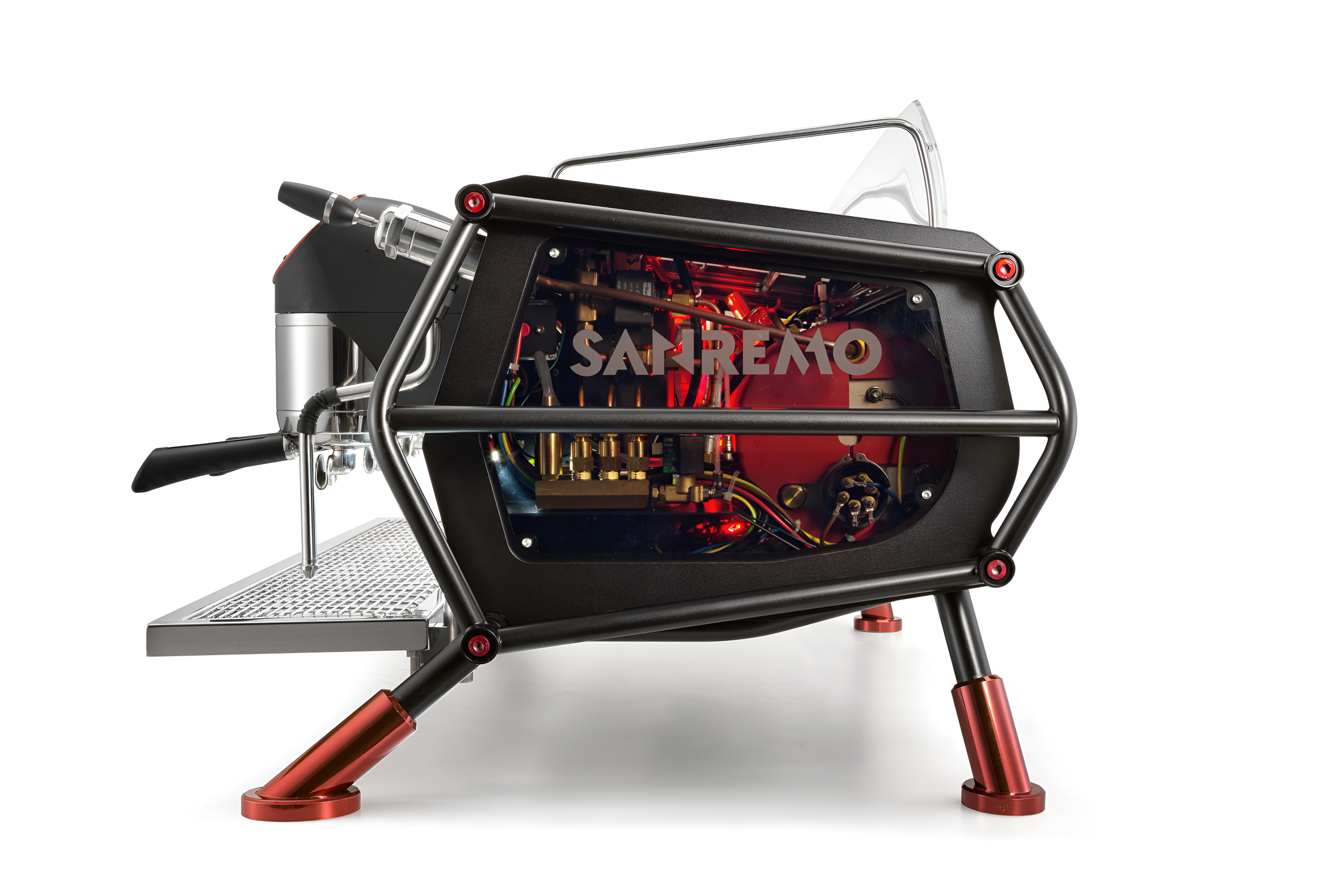 SANREMO CAFE RACER (ONLY BROCHURE) Sanremo Cafe Racer espresso machine in Naked finish on café counter