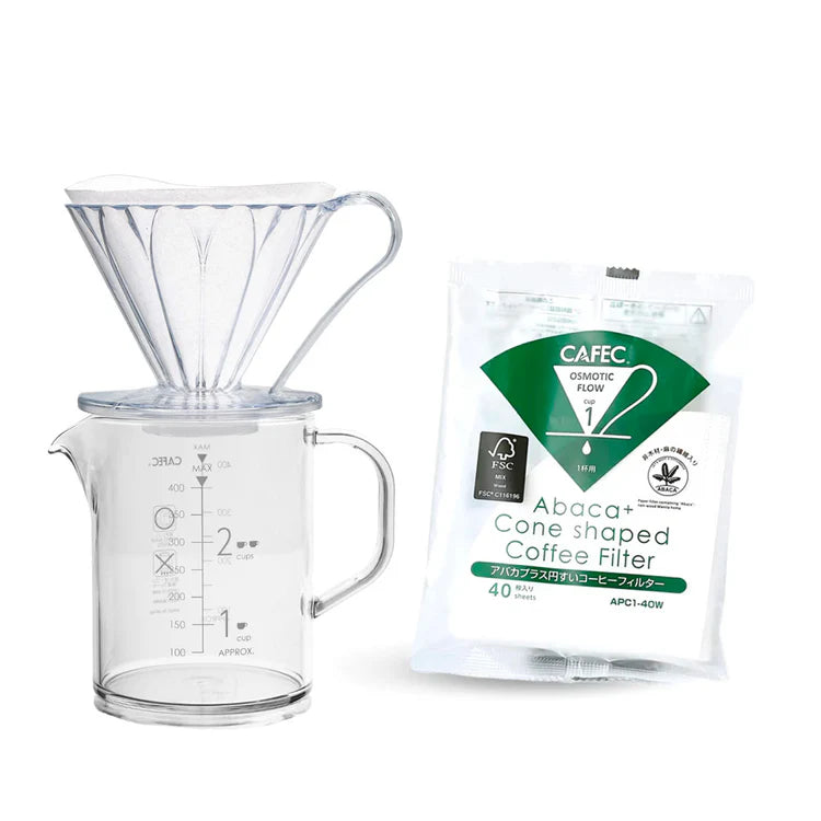 CAFEC pour over starter kit with Flower Dripper, Tritan server and Abaca+ filters