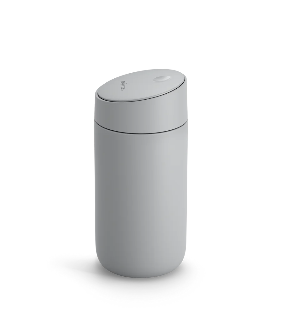 Fellow Carter Mug in grey with slide-lock lid for pour-over coffee