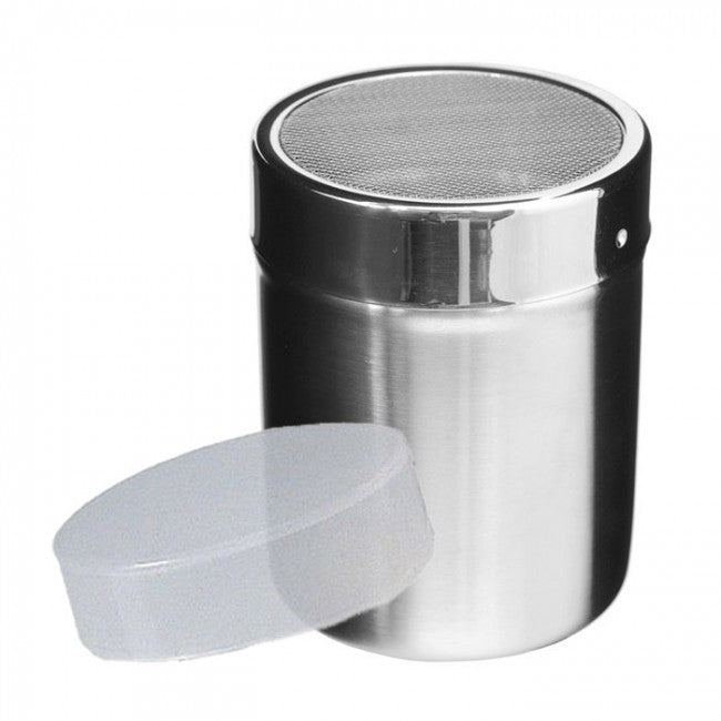 Stainless steel cocoa shaker for dusting cappuccinos and lattes