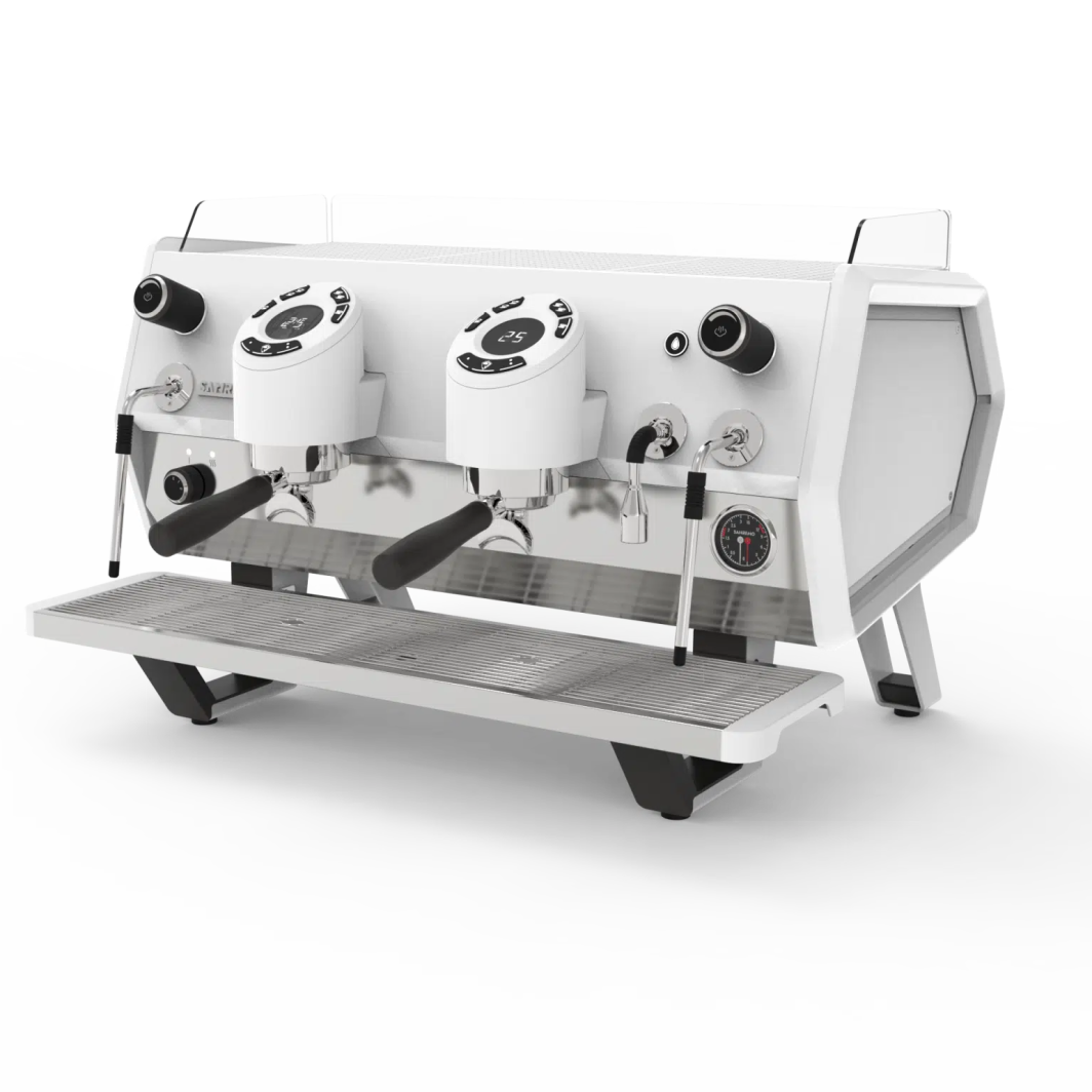 Sanremo D8 espresso machine two-group white finish on counter