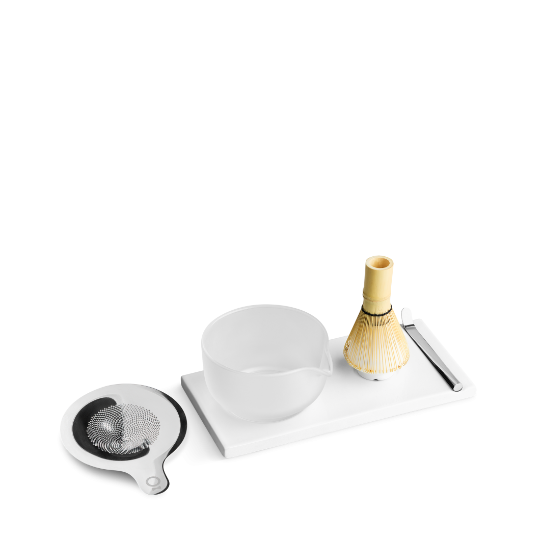 Fellow matcha set with bamboo whisk, frosted glass bowl and ceramic tray