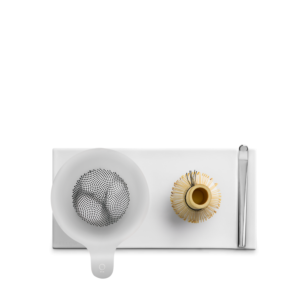 Fellow matcha set with bamboo whisk, frosted glass bowl and ceramic tray