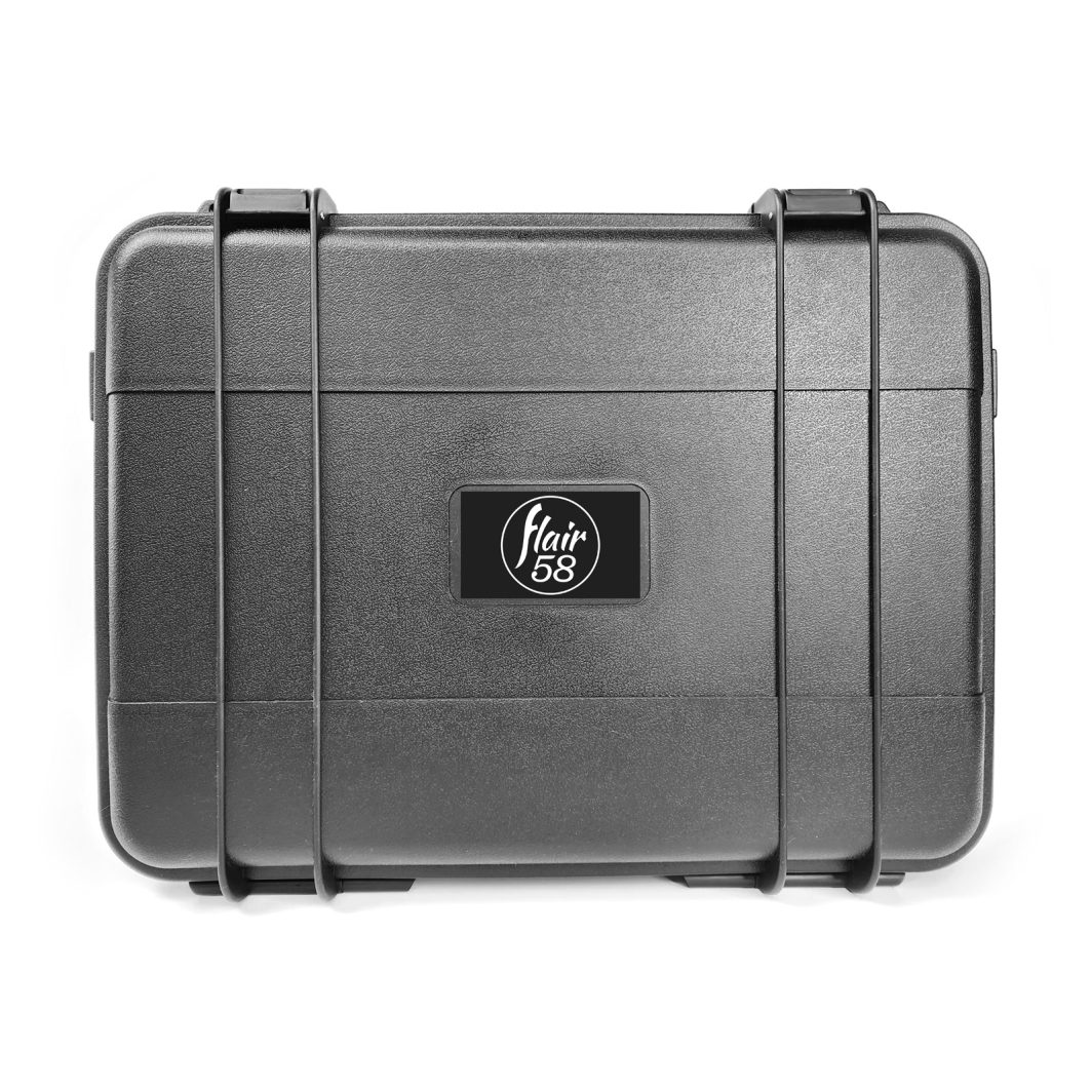 Flair 58 travel case with hard shell and foam interior for espresso maker