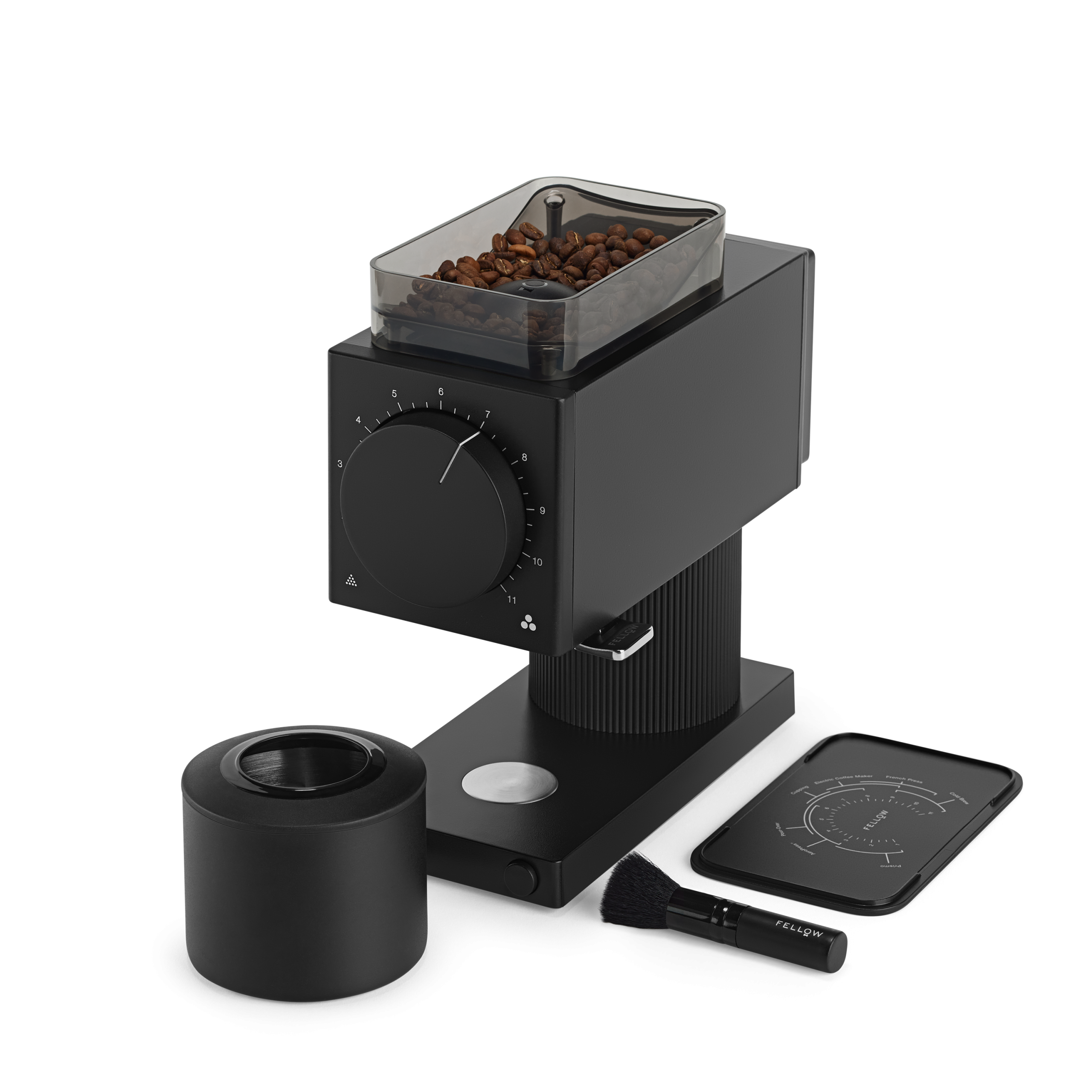 Fellow Ode Brew Grinder Gen.2 Fellow Ode Gen 2 brew grinder shown with all components