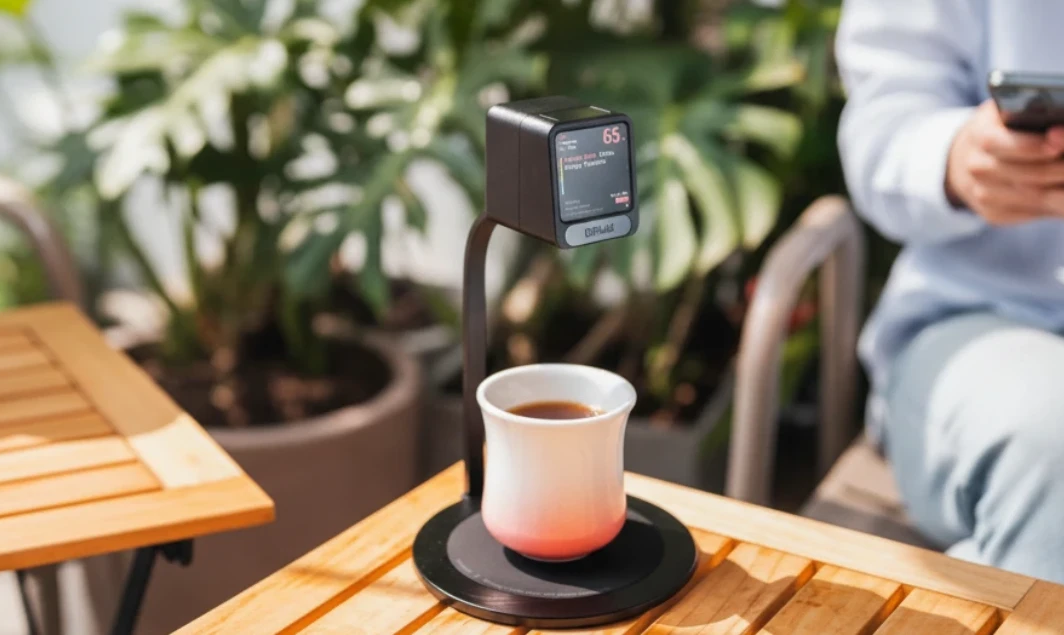 DiFluid Moment smart cupping device screen displaying temperature-guided tasting notes