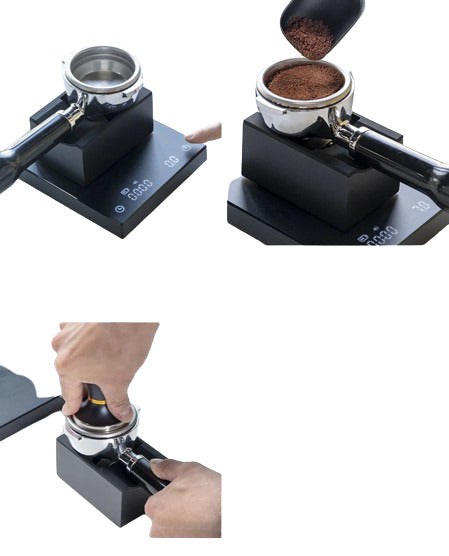 TIMEMORE MAGIC CUBE PORTAFILTER STAND Timemore Magic Cube portafilter stand on a coffee bench