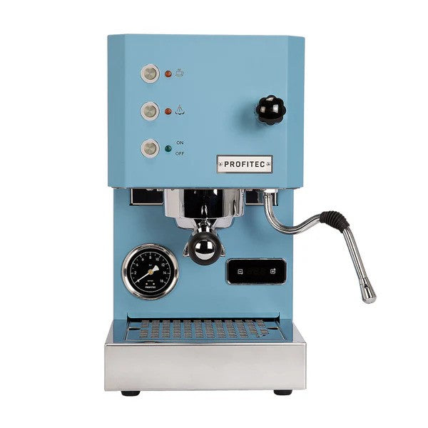 Profitec Go espresso machine in blue matt finish on a kitchen counter