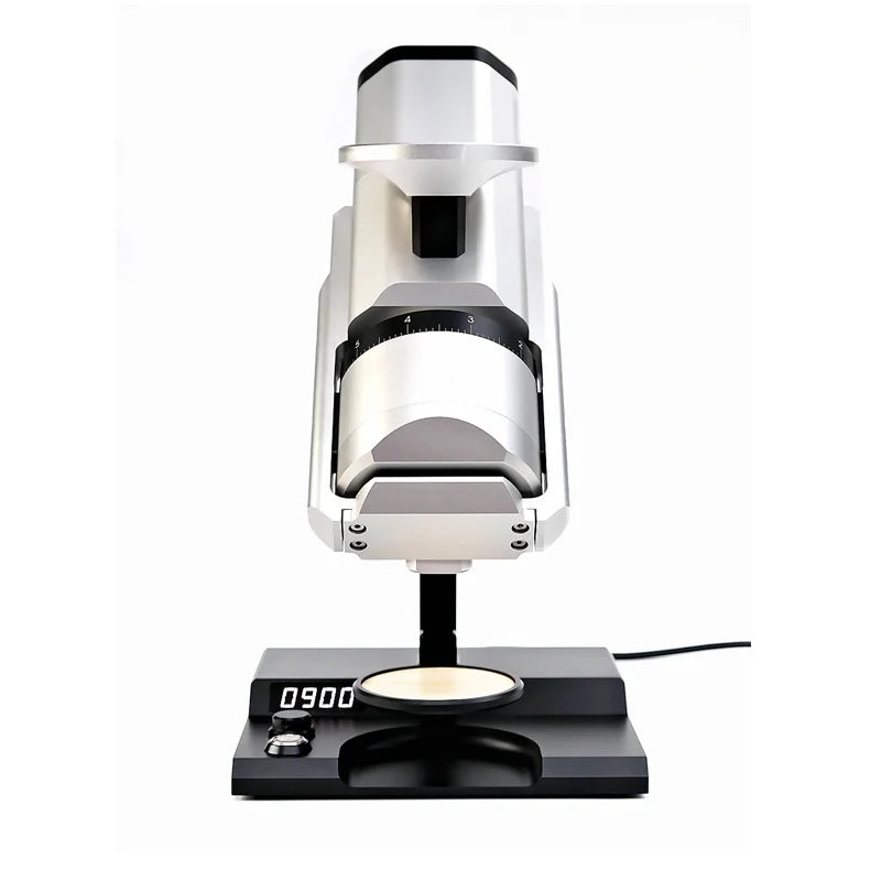 Mischief Demon SG-1 single dose grinder with 80mm flat burrs on a home espresso counter