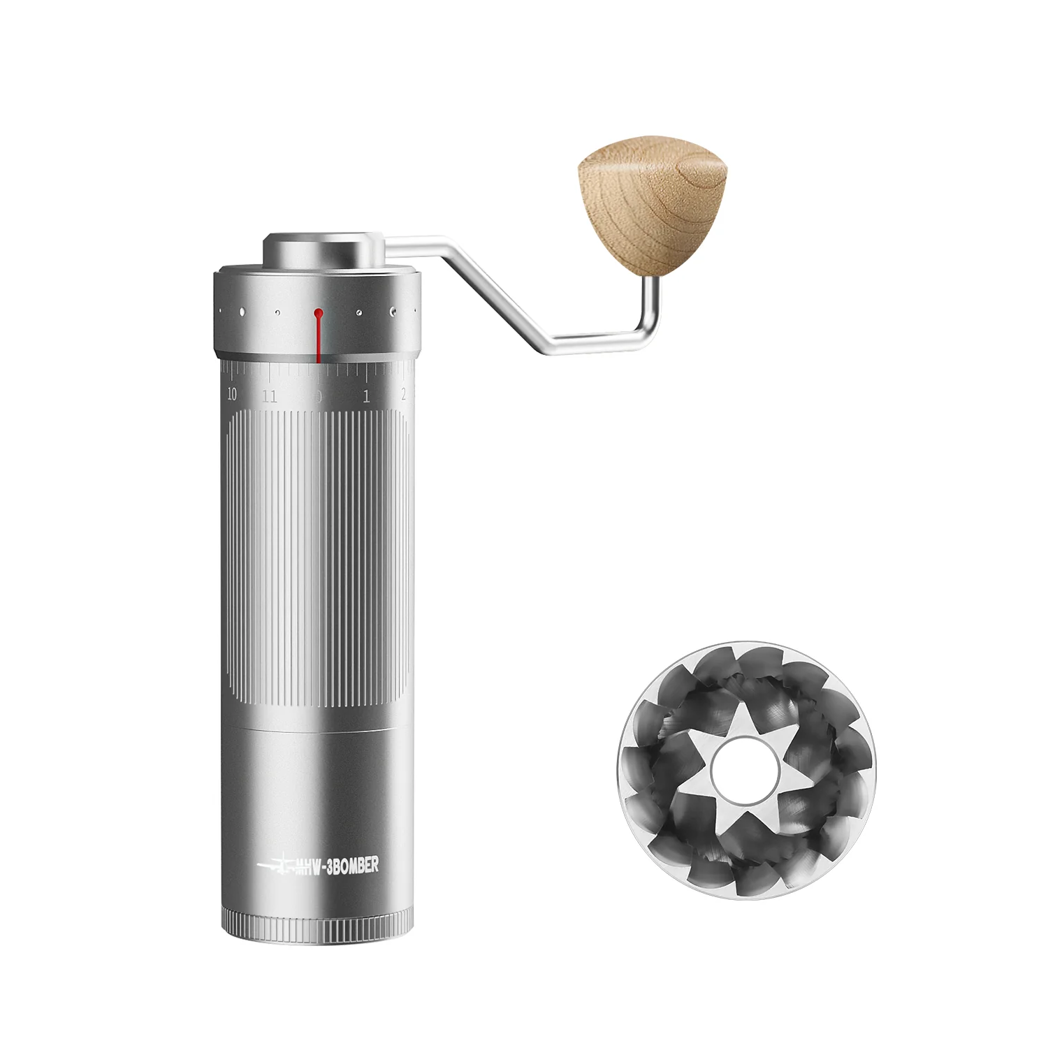 MHW-3BOMBER PRECISION R3 MANUAL COFFEE GRINDER MHW-3BOMBER Precision R3 manual coffee grinder in silver finish with walnut handle