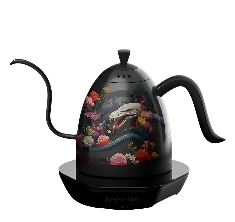 Brewista Artisan 0.6L Gooseneck Variable Kettle Pro - Flower Snake Gooseneck electric kettle Brewista Artisan Flower Snake on its base with temperature display