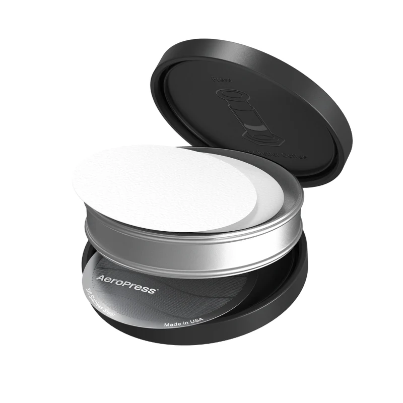 AeroPress filter holder open showing dual waterproof compartments