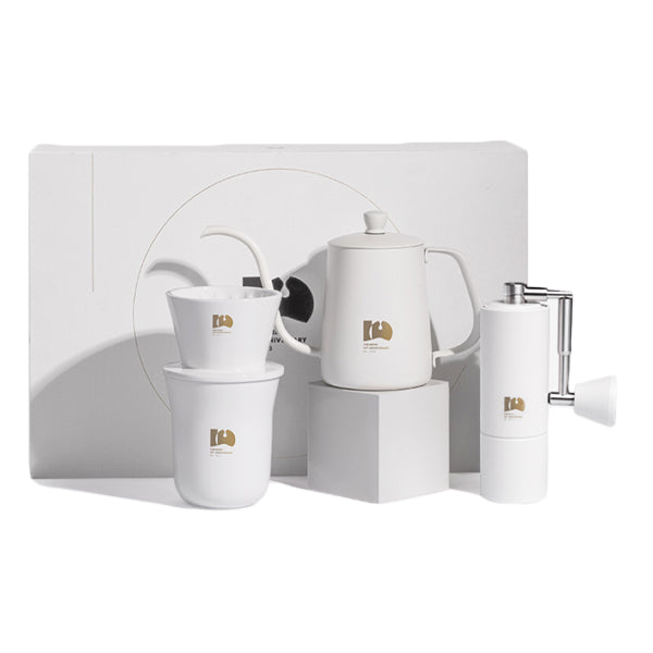 Timemore C3 Pro gift box in white with grinder, dripper, kettle and mug