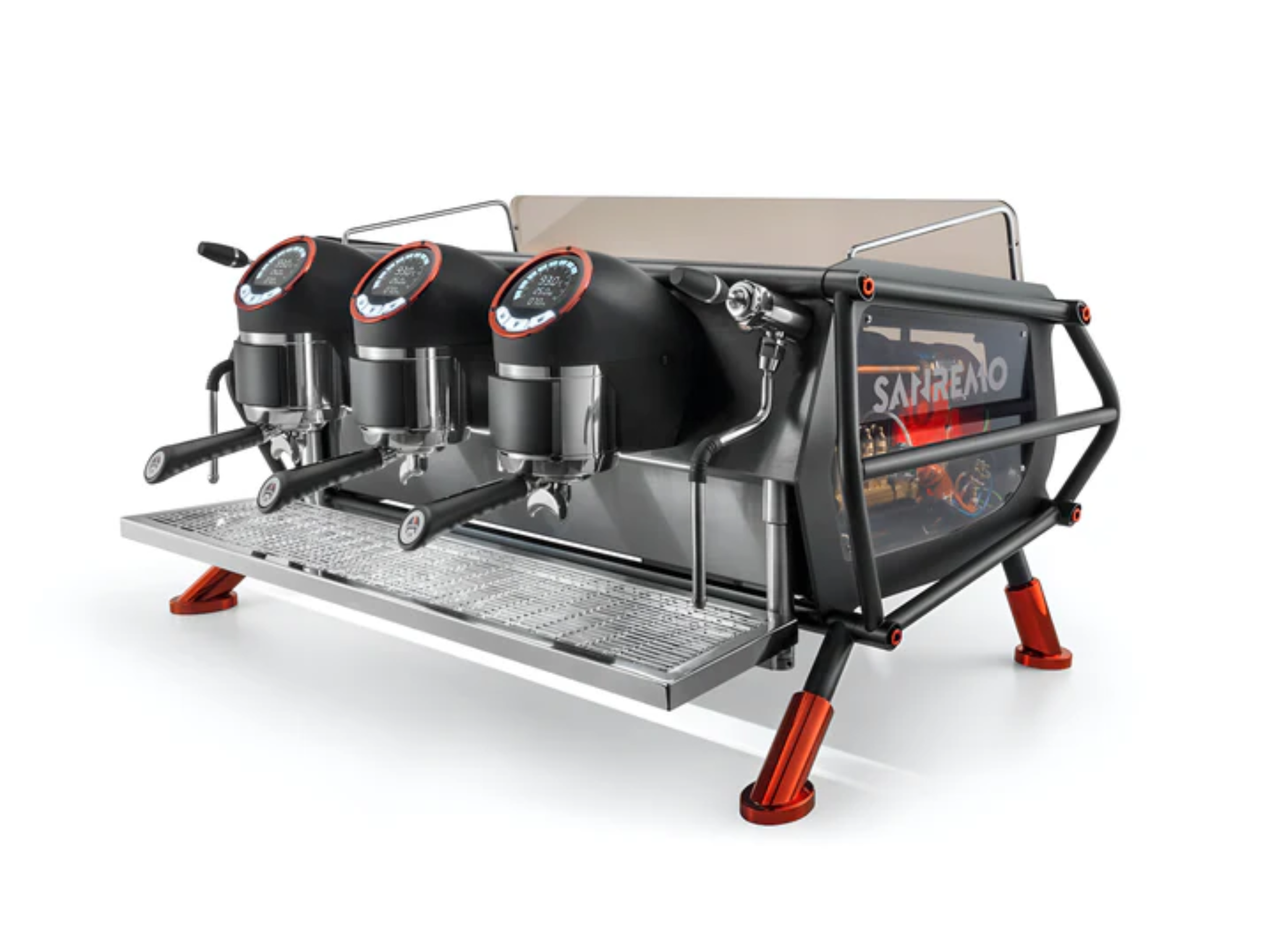 SANREMO CAFE RACER (ONLY BROCHURE) Sanremo Cafe Racer espresso machine in Naked finish on café counter