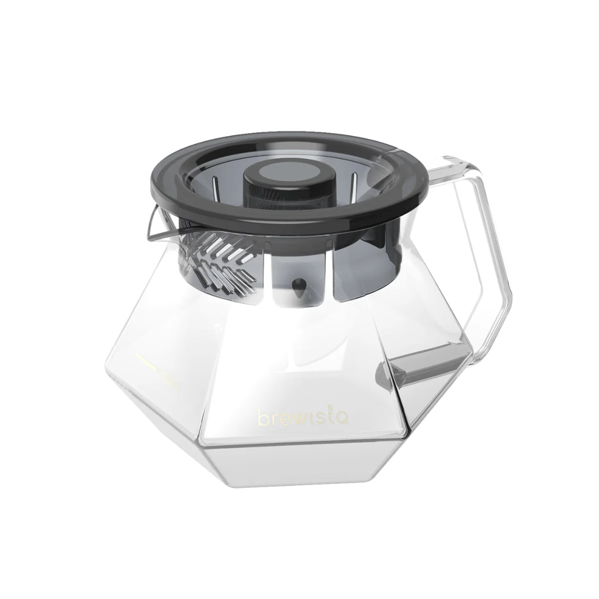 Brewista glass server with sealed lid on a wooden brew bar