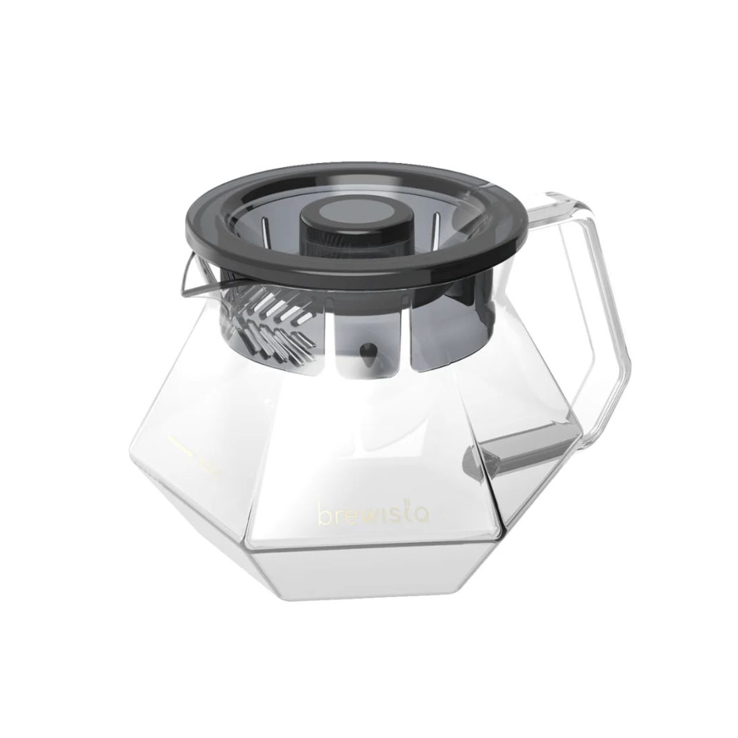 Brewista glass server with sealed lid on a wooden brew bar