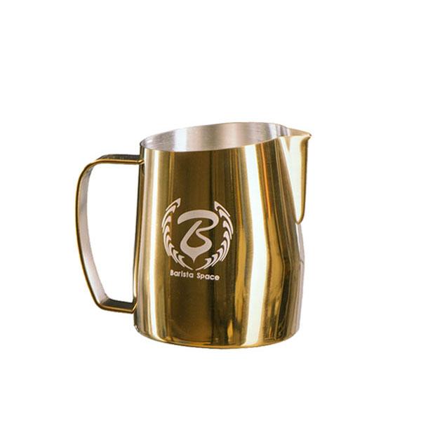 Barista Space barista milk pitcher in Gold, 450ml, on espresso counter