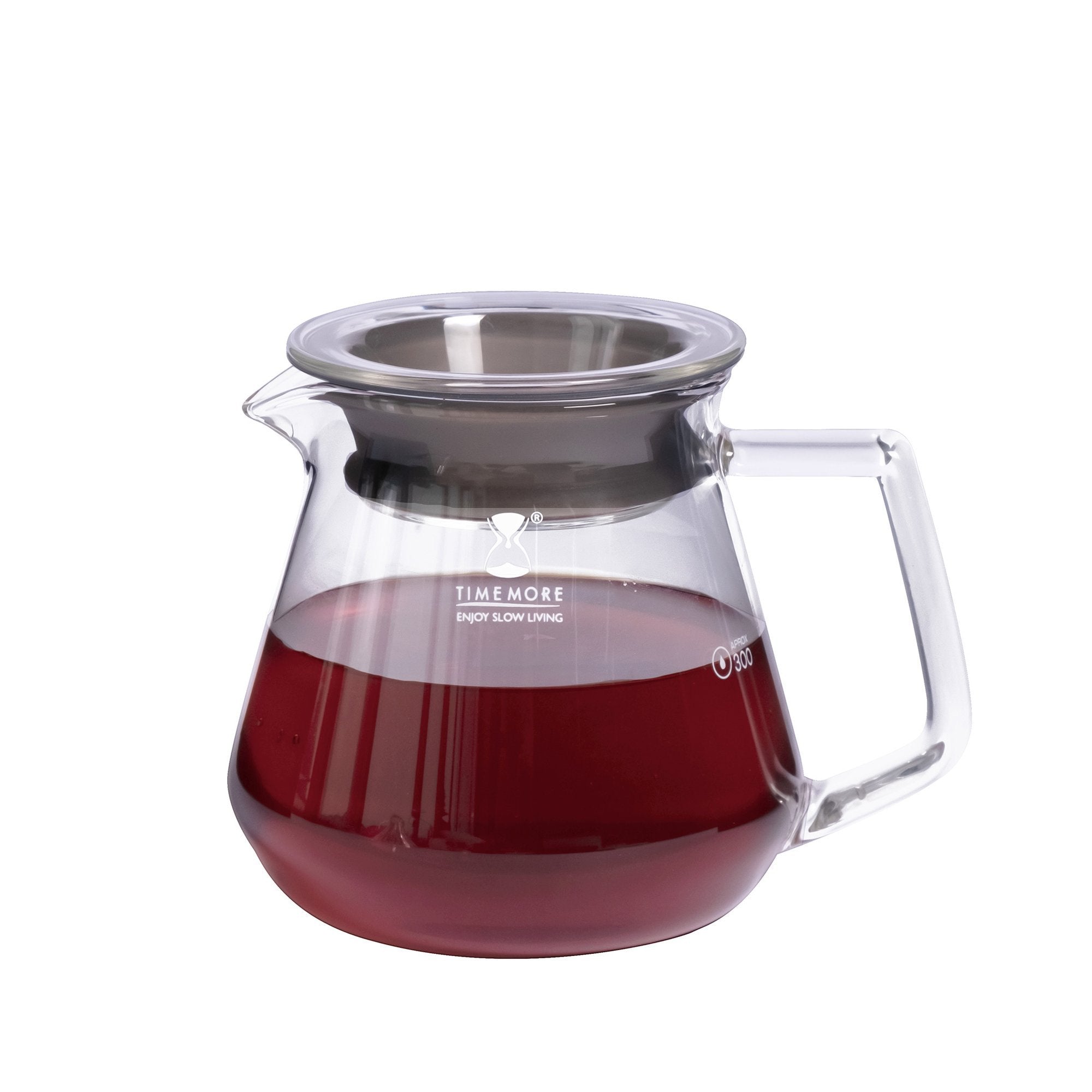 TIMEMORE SERVER 360ML- CLEAR Timemore coffee server glass carafe with lid on a wooden counter