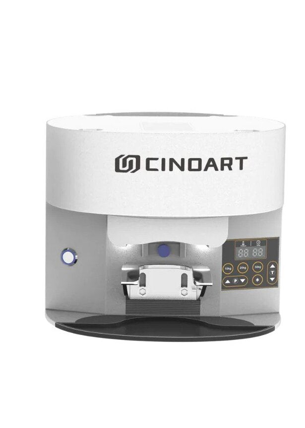CinoArt Automatic Coffee Tamper mounted under a Fiorenzato grinder