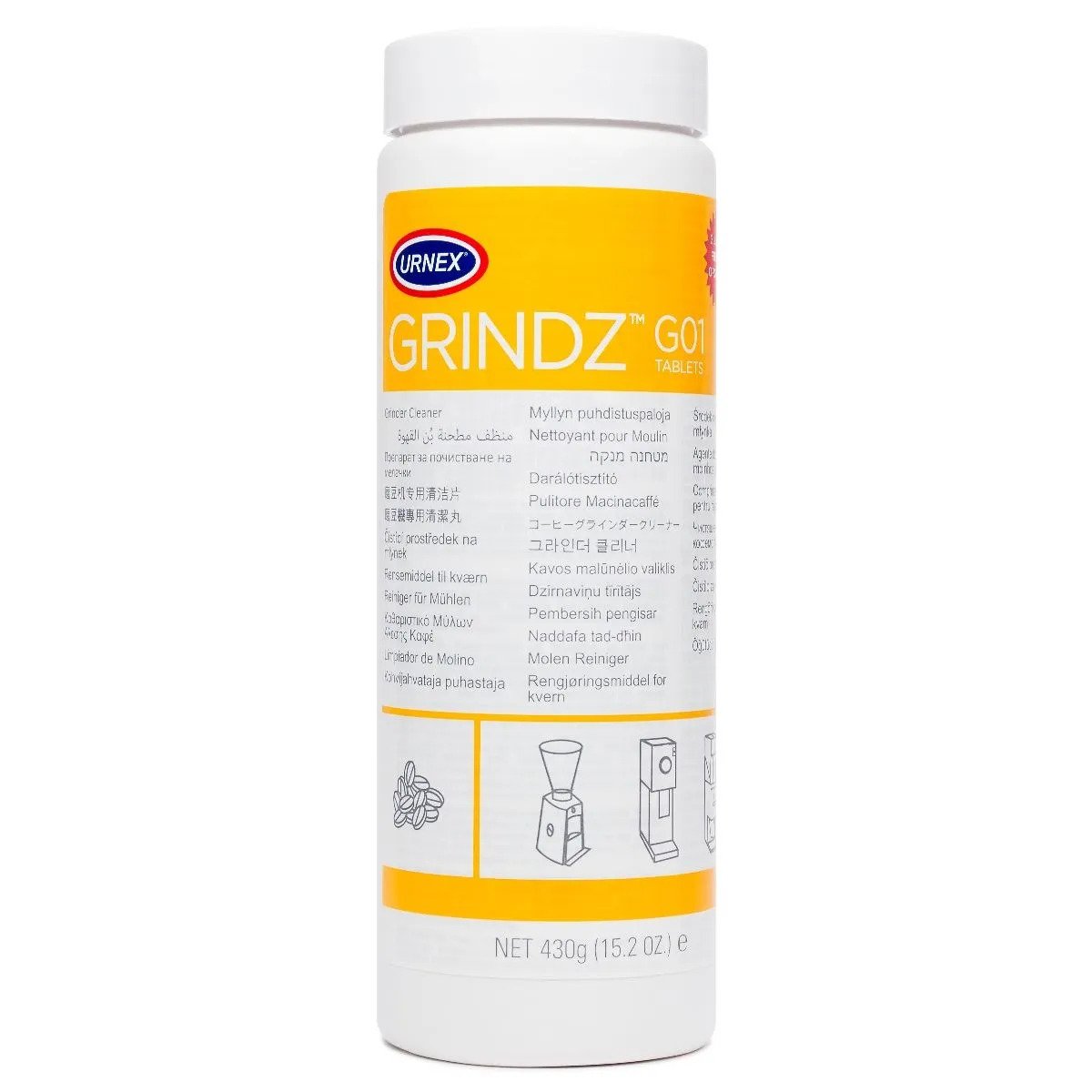 Urnex Grinder Cleaner Tablets Grindz G01 Grinder cleaning tablets being poured into an espresso grinder hopper