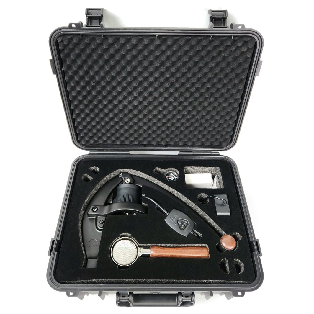 Flair 58 travel case with hard shell and foam interior for espresso maker