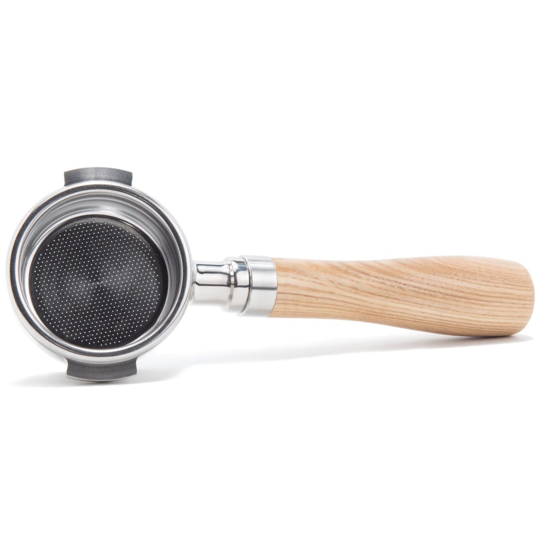Flair 58 Portafilter with stainless steel body and wood handle