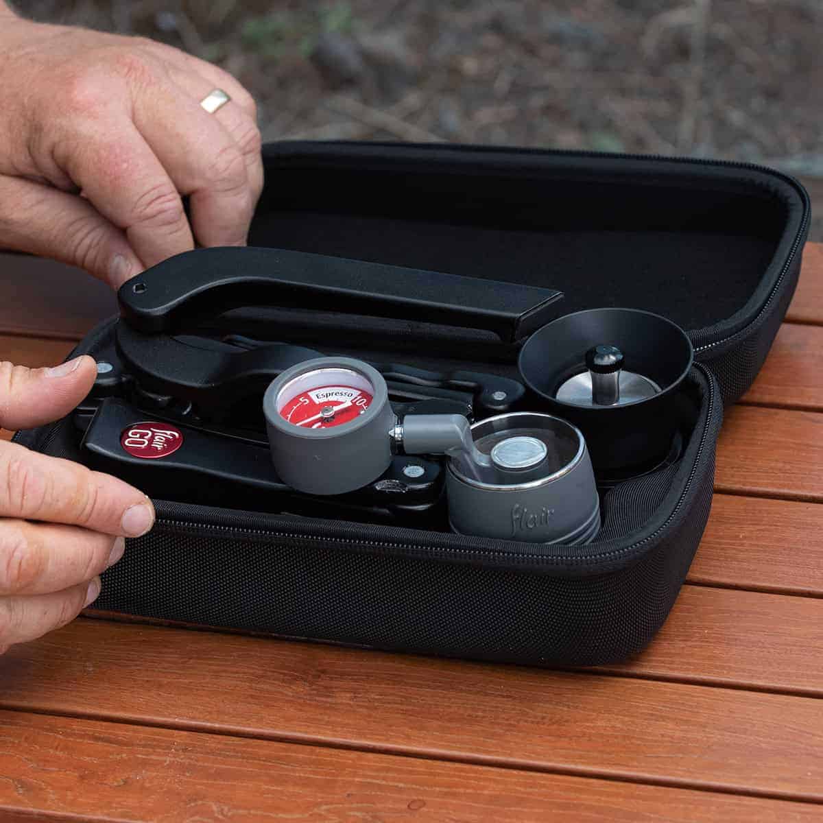FLAIR GO Flair GO portable espresso maker folded with carrying case
