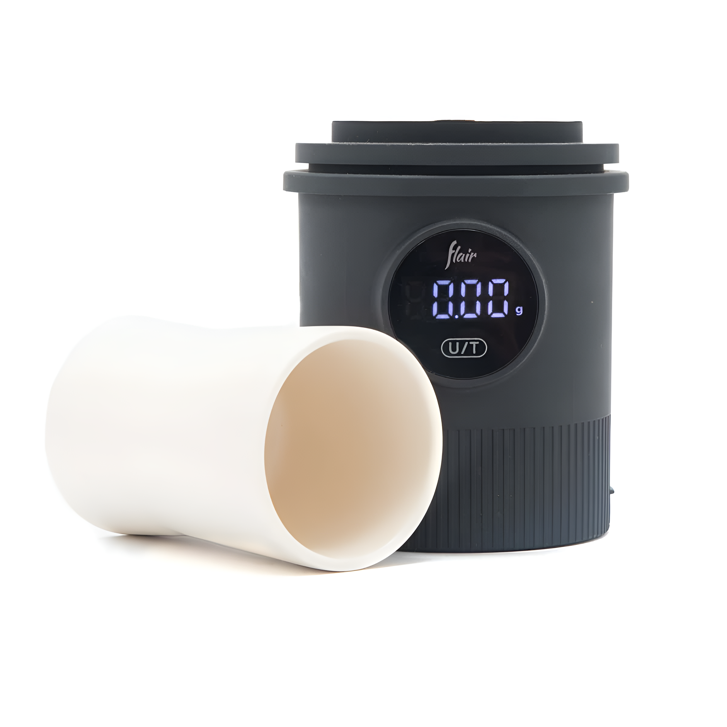 Flair Weigh Cup Flair Weigh Cup espresso dosing cup with ceramic insert on a kitchen counter